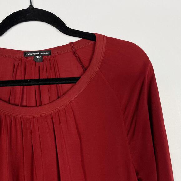 James Perse Womens 1 Small S Maroon Scoop Neck 3/4 Sleeve Blouse Top Pleated - Picture 3 of 7